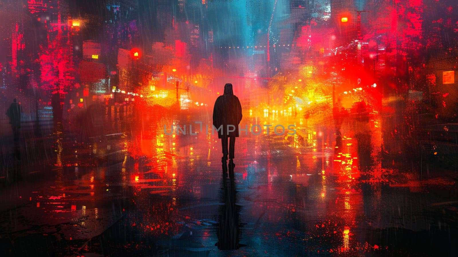 Vibrant digital painting of a figure navigating through neon-lit streets by Benzoix