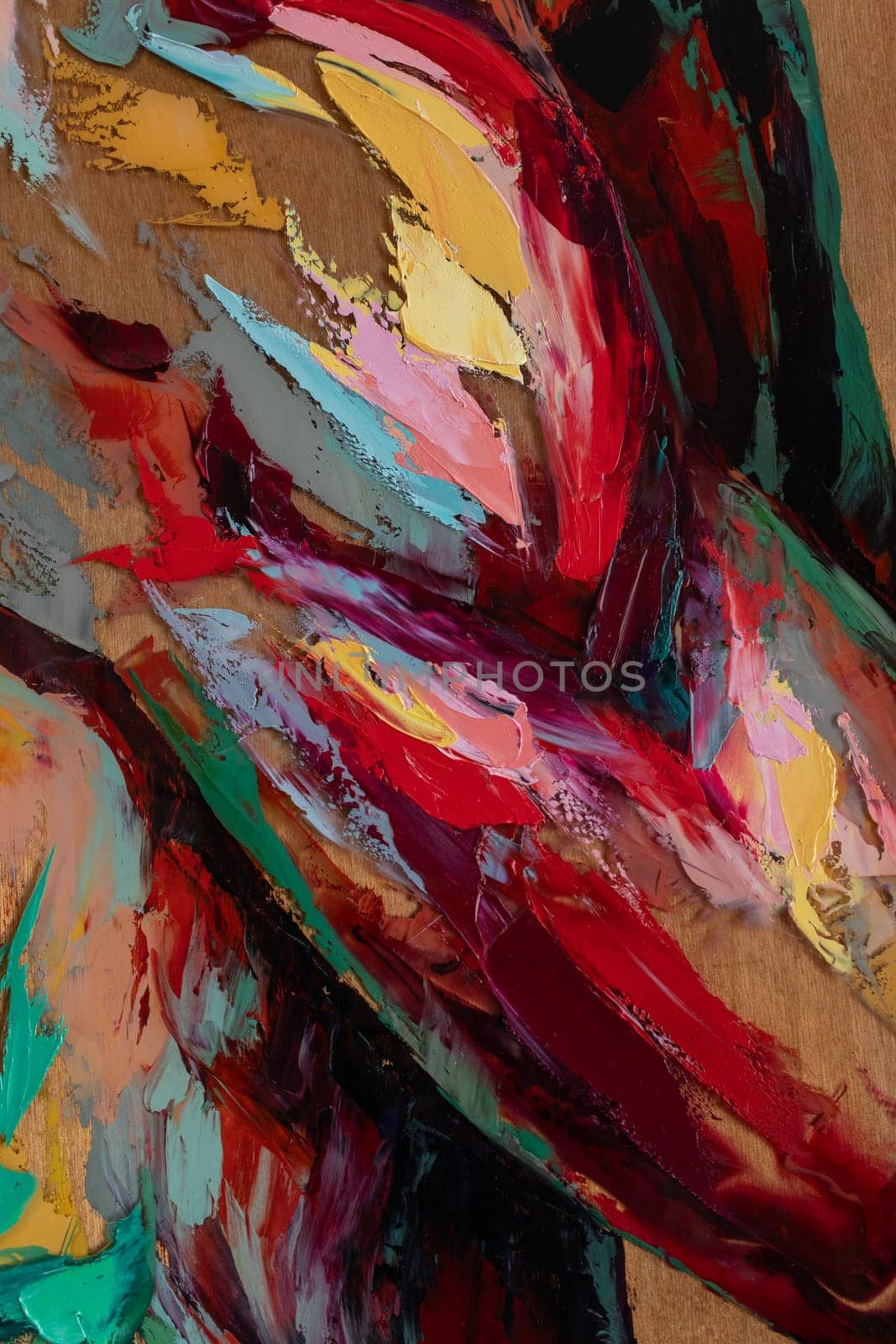 Closeup of a painting by oil and palette knife. Fragment of multicolored texture painting. Abstract art background. oil on canvas. Rough brushstrokes of paint.