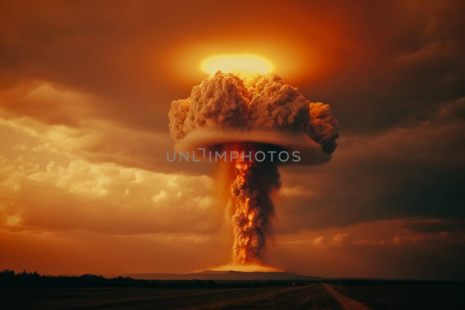 Dramatic depiction of a nuclear explosion, with a massive mushroom cloud rising against a stormy sky, evoking the powerful force and devastating impact of nuclear energy