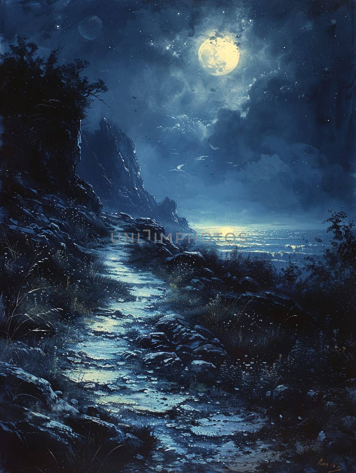 Cat's moonlit path rendered in a moody, gothic style with rich shadows and luminous highlights.
