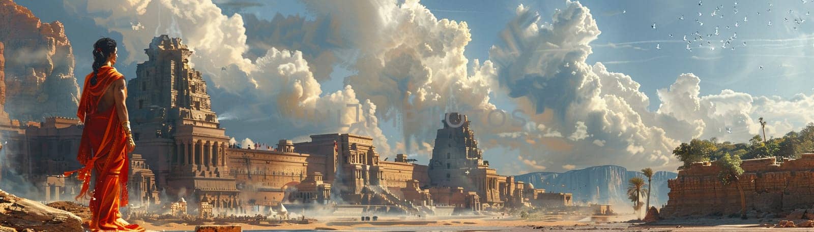 Ancient temple explorer scene created with a mythic and adventurous tone, using rich, earthy colors.