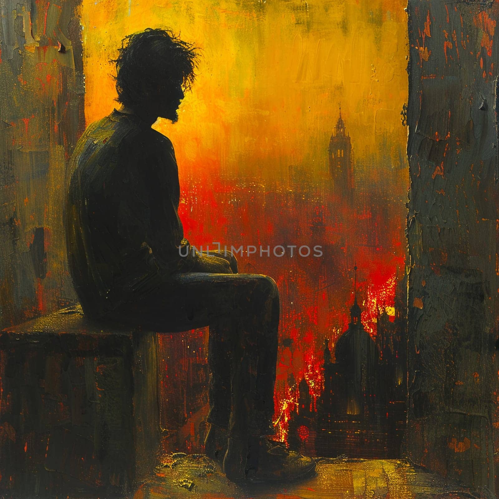 A pensive moment as a figure is framed by the amber wash of a city at dusk. by Benzoix