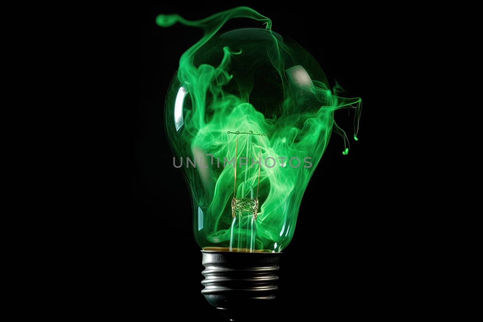 Electric Bulb With Green Smoke Inside On Black Background, Concept Of Ecological Problems Of Our Planet