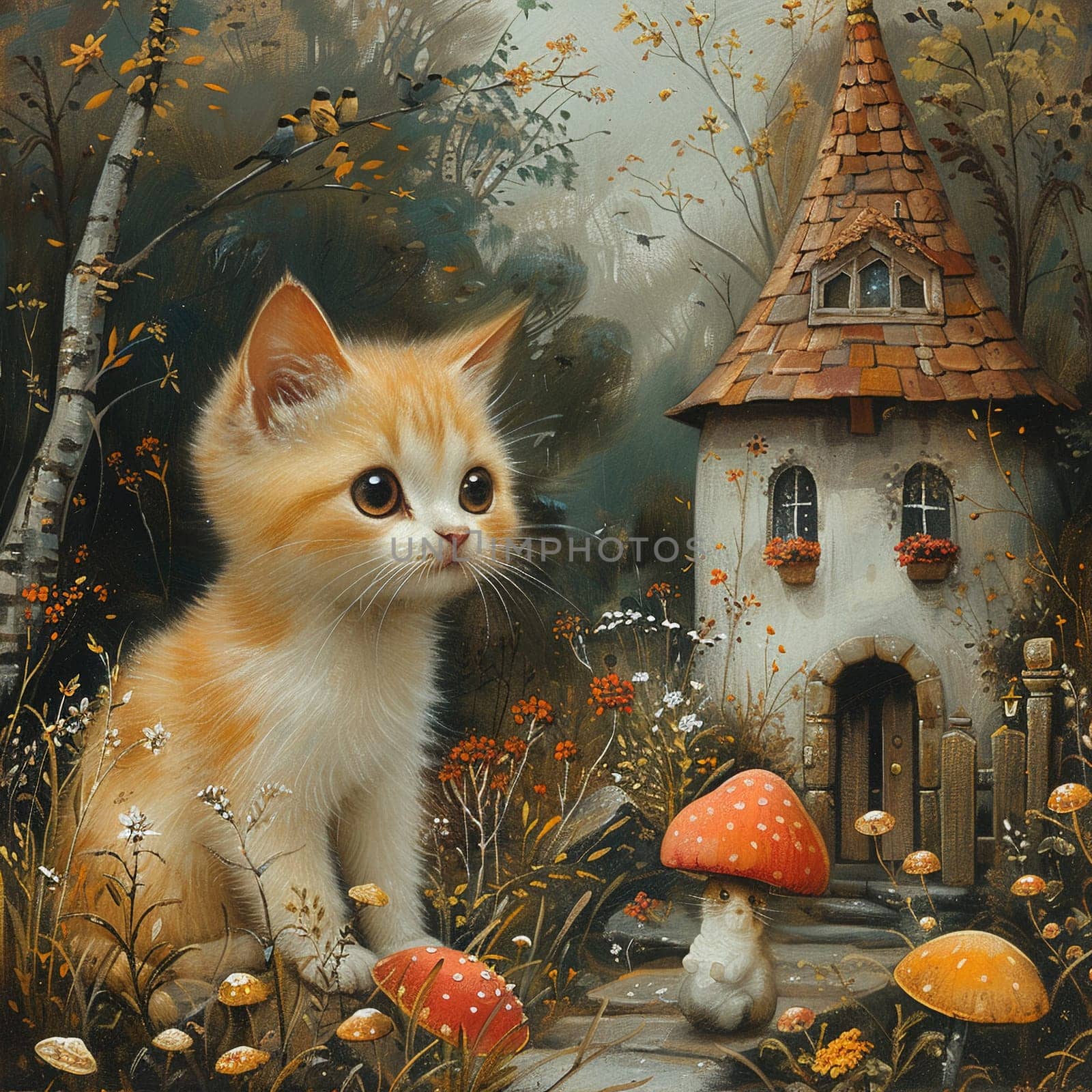 Curious cat encounter painted in a whimsical by Benzoix