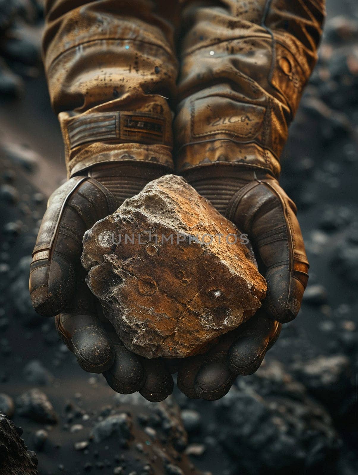 Astronaut's hands holding a martian rock, rendered in a photorealistic style against the backdrop of space.