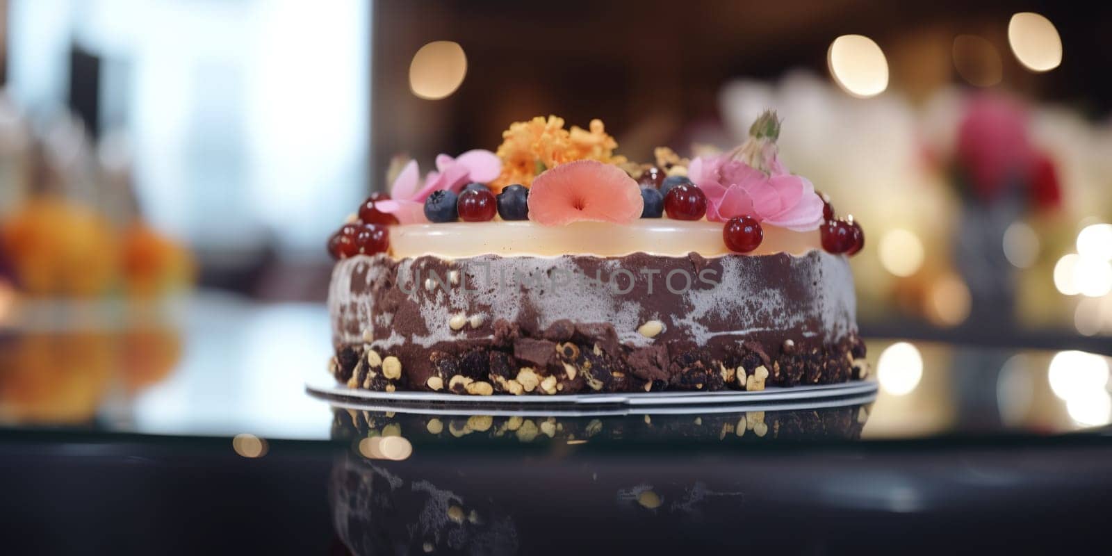 Cose-up of a fruit cake standing on a counter with blurred background