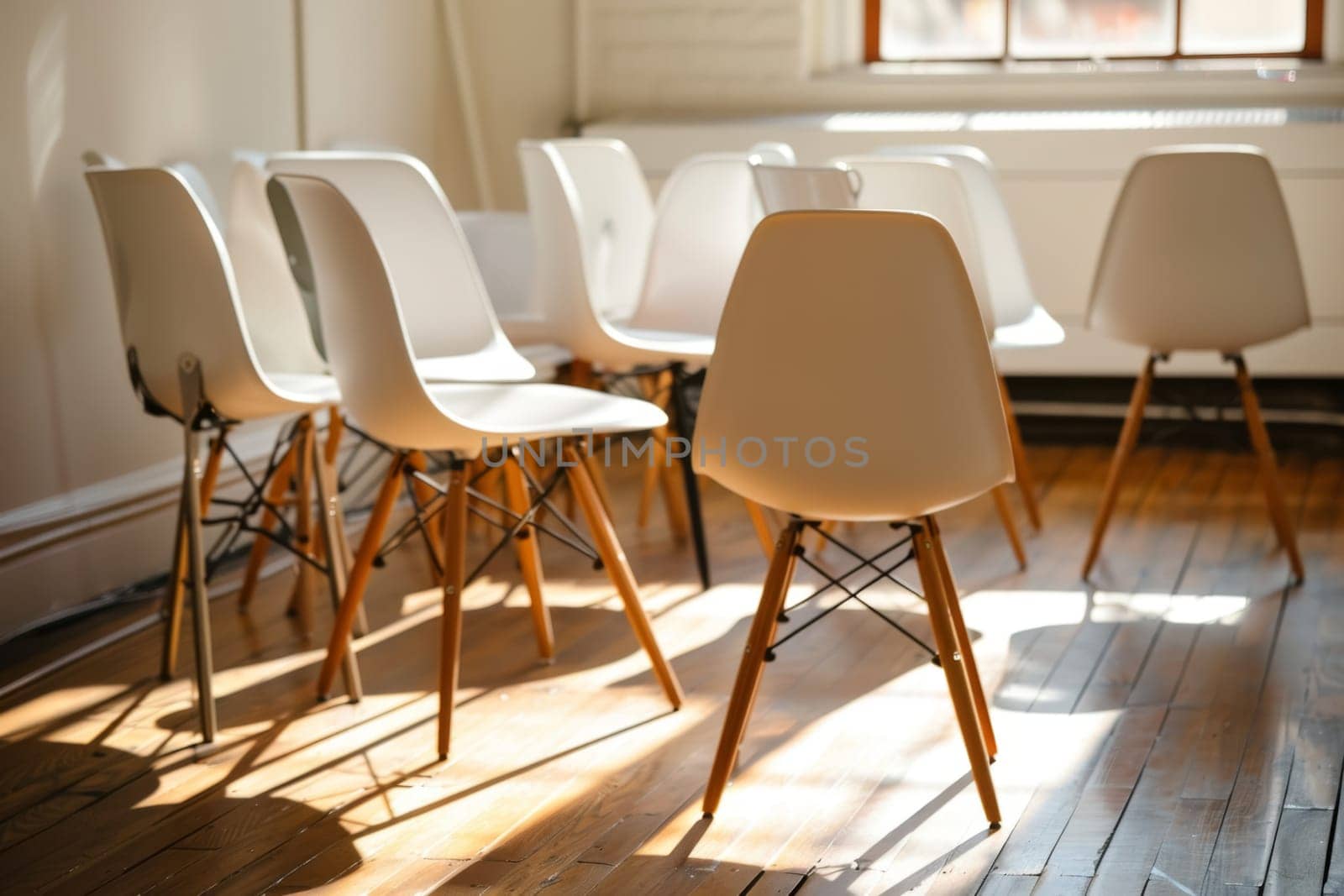 A warm, sunlit room with a circle of empty white chairs, suggesting an atmosphere of a recent or upcoming gathering