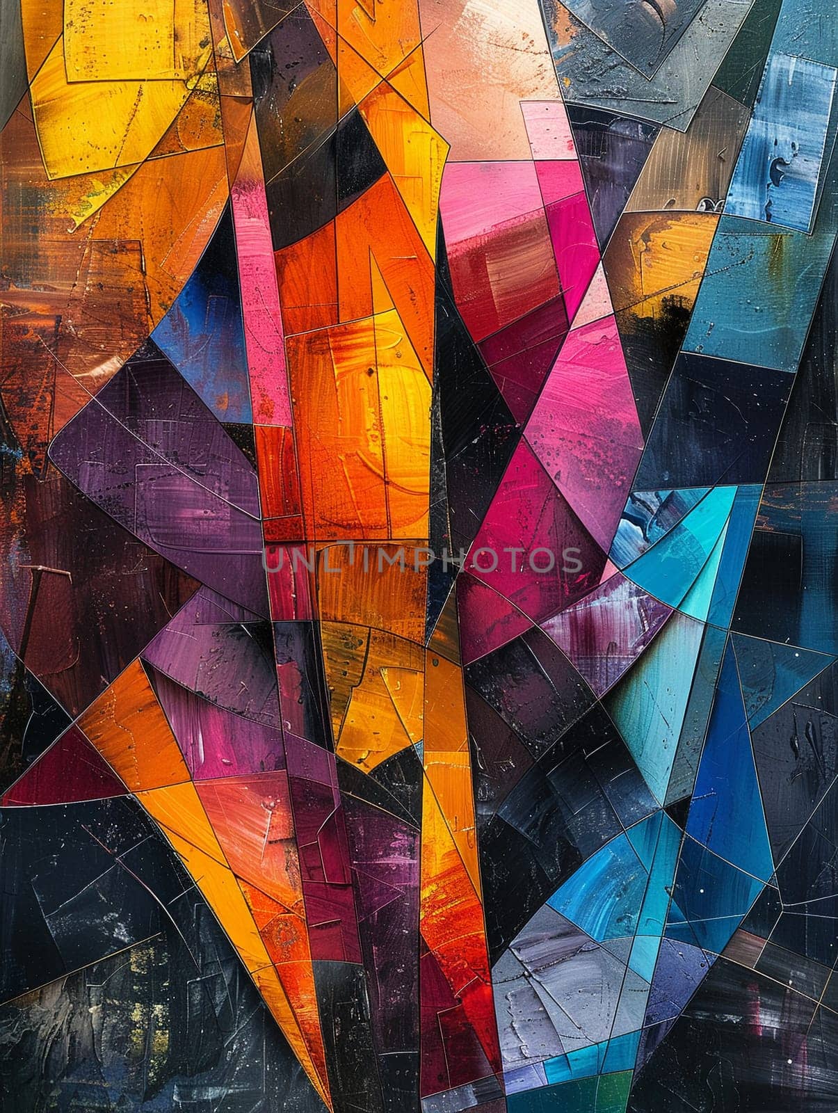 Artist's studio chaos painted in a dynamic, cubist style, with bold colors and abstract shapes.
