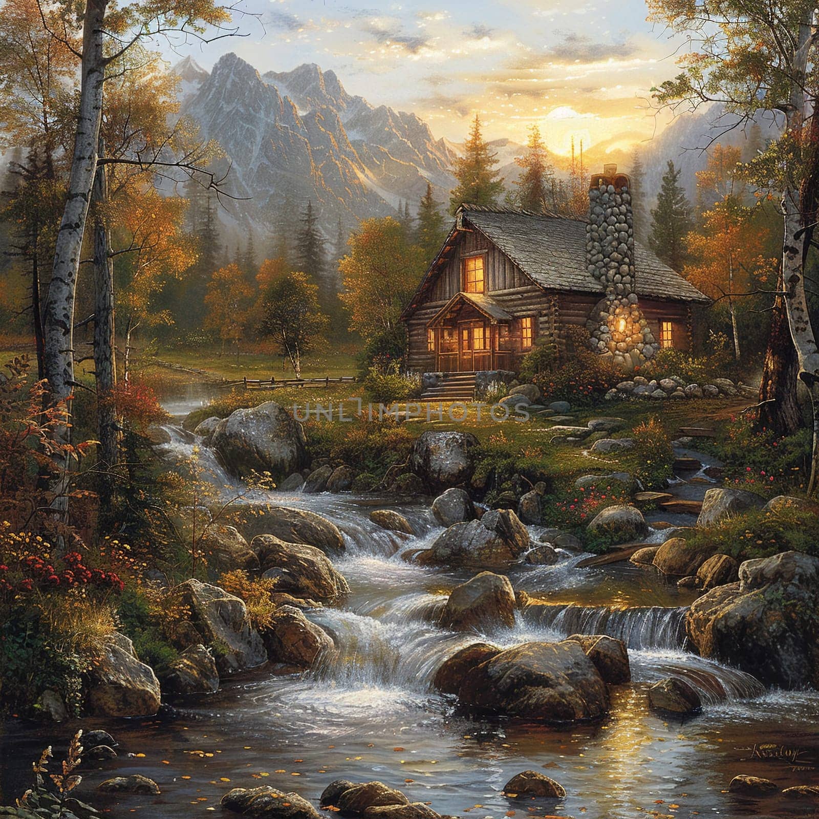 Rustic cabin in the woods depicted with a Thomas Kincade-like focus on light and idyllic settings.