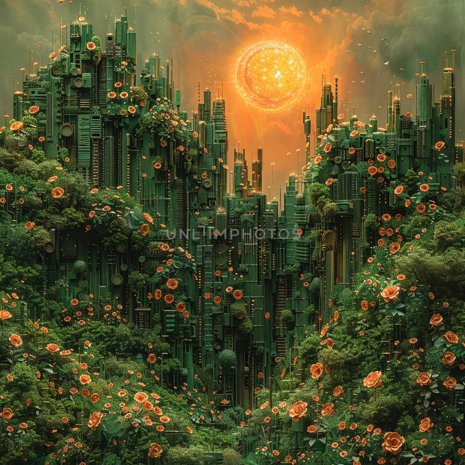 A fusion of nature and artifice, where cybernetic gardens flourish under a motherboard sun.