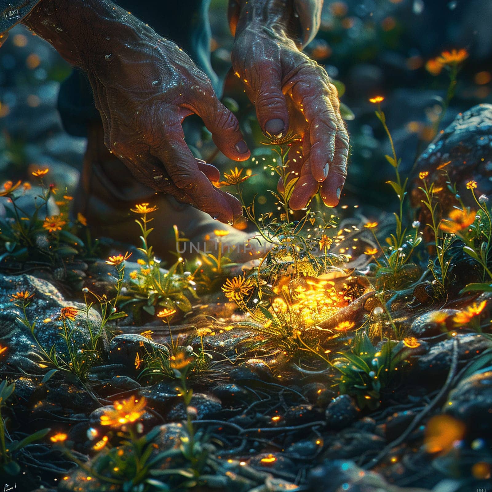 Hands planting a magical seed that glows with life, illustrated in a vibrant digital painting.