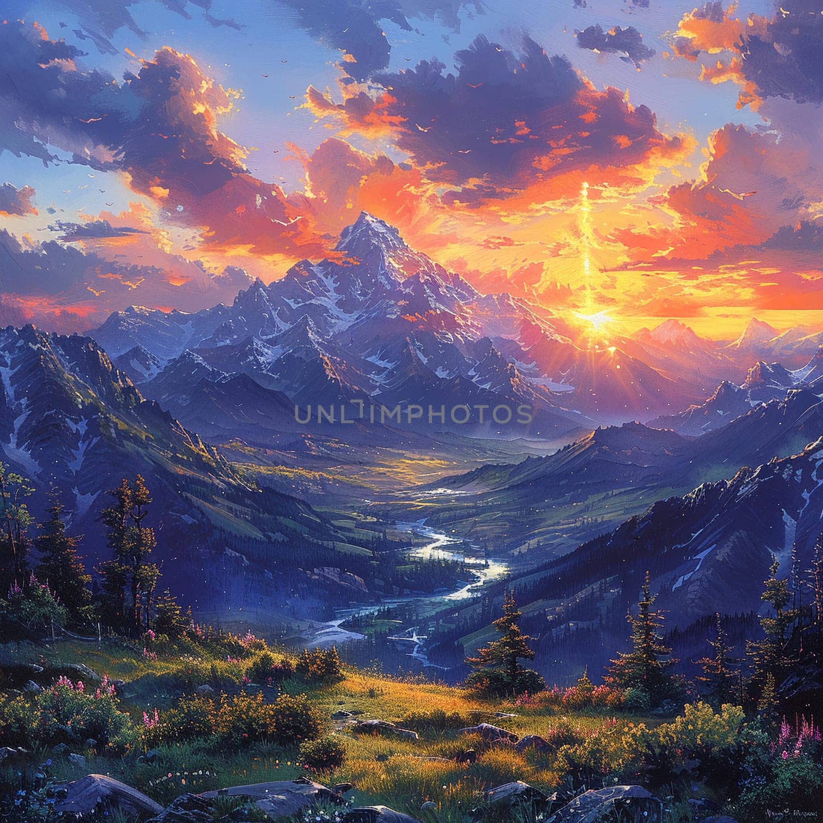 Mountain peak sunset painted with an emphasis on dramatic lighting and expansive views in a romantic style. by Benzoix