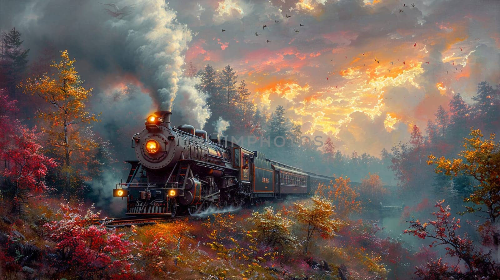 Vintage train puffing through a scenic landscape, painted in an impressionist style with a touch of romance.