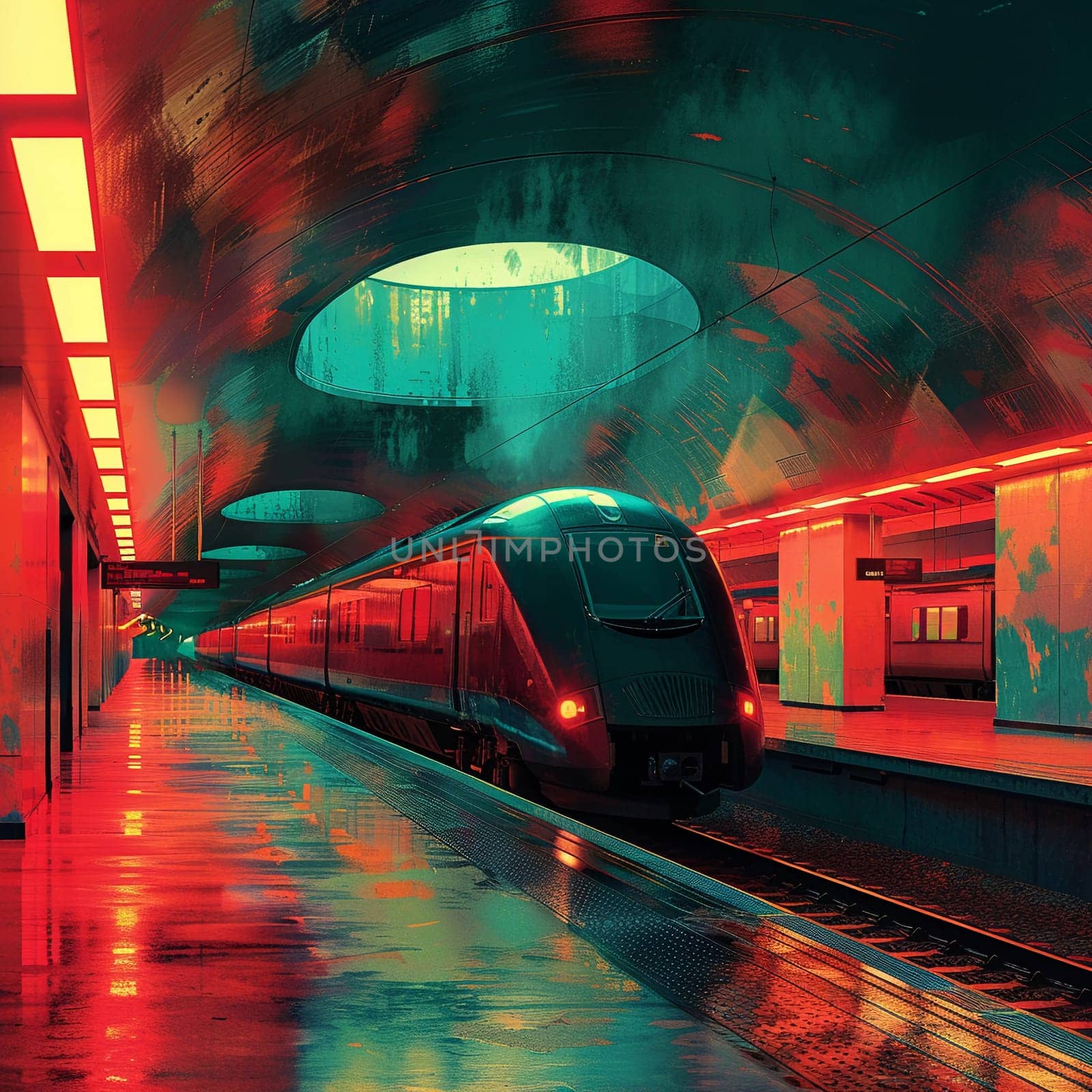 Futuristic train station arrival illustrated with sharp geometric shapes and a cool by Benzoix