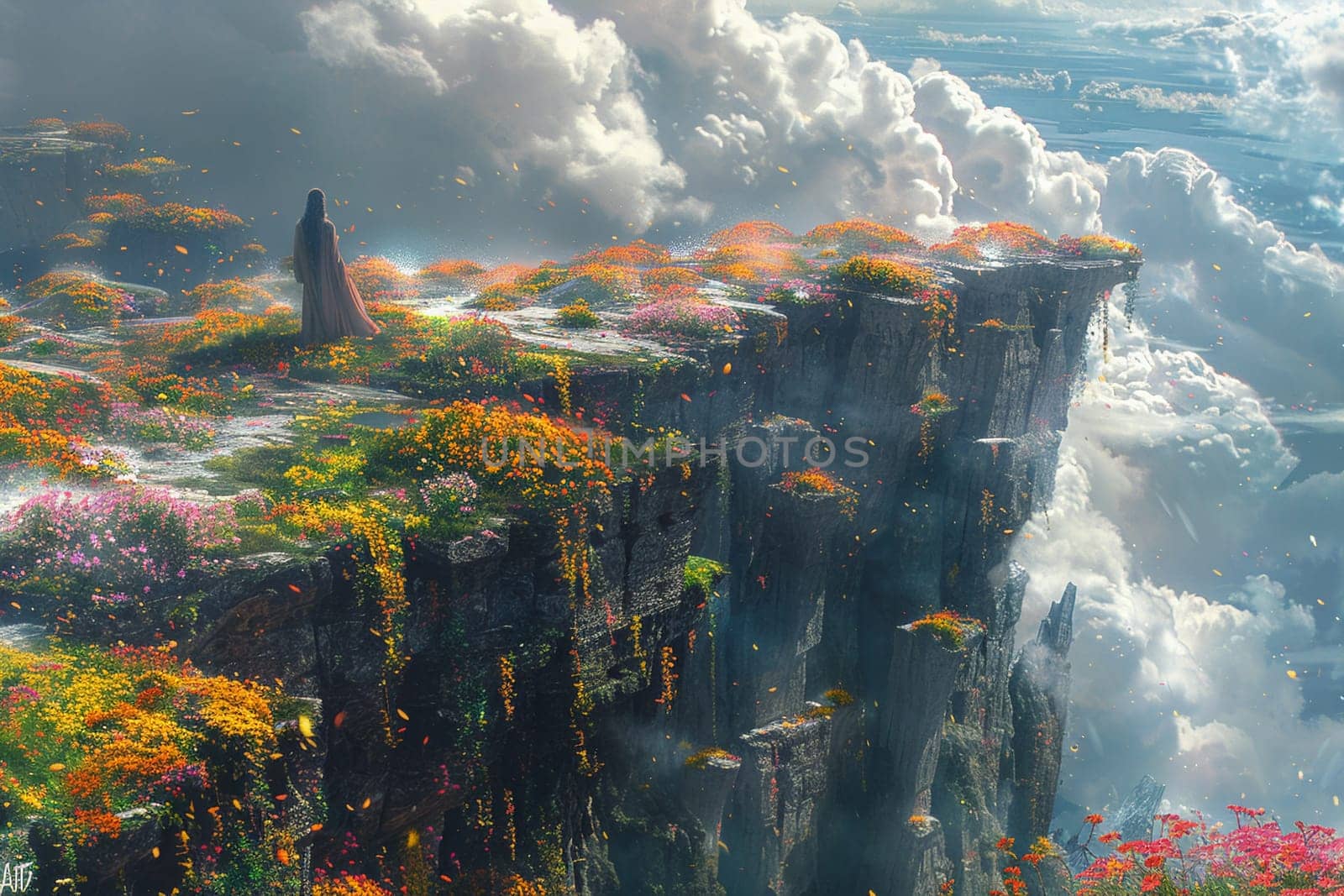 Alien landscape with floating rocks and vibrant flora by Benzoix