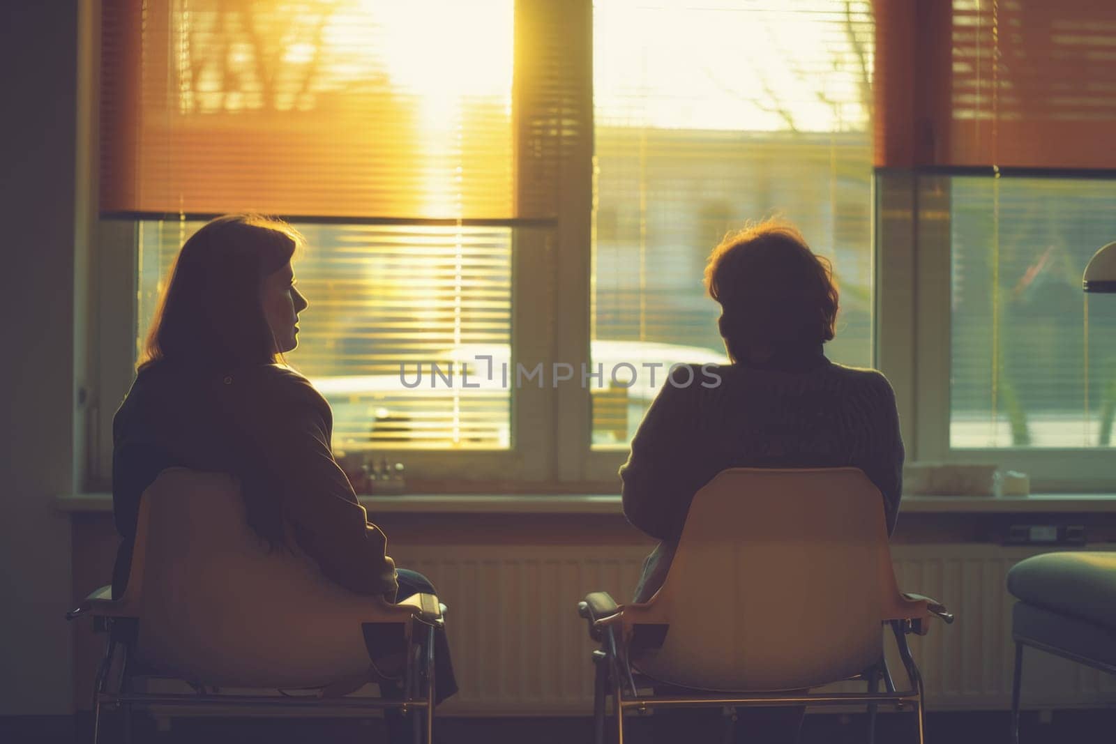 Two women sit in silhouette against a warm, sunlit window, capturing a moment of quiet anticipation or reflection