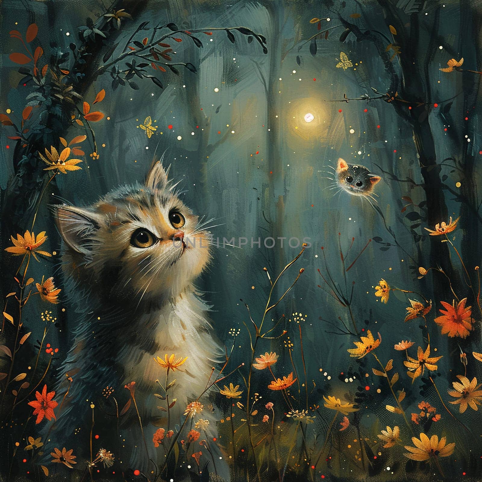 Curious cat encounter painted in a whimsical by Benzoix