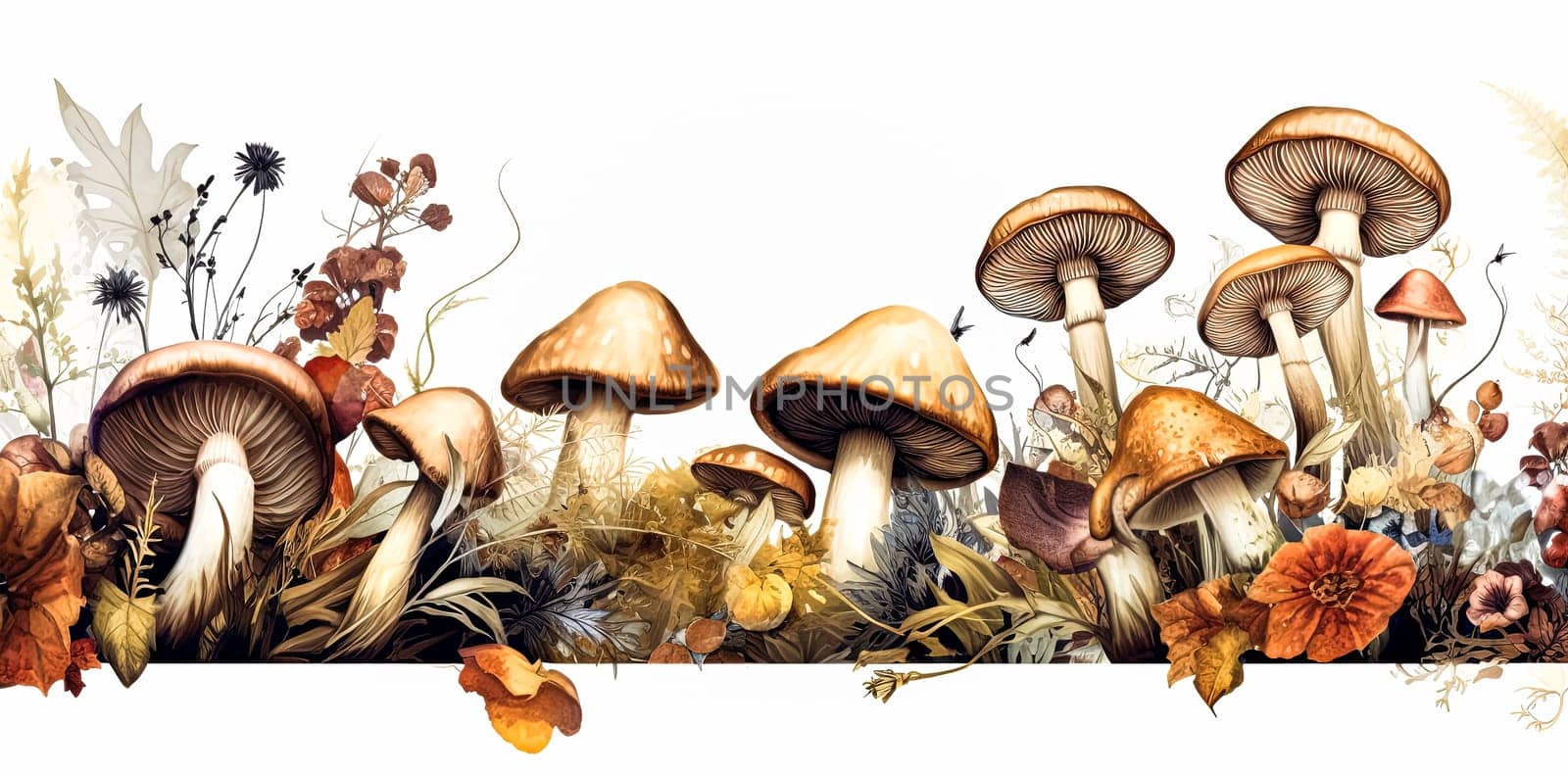 A row of mushrooms are shown in a field of grass. by Alla_Morozova93