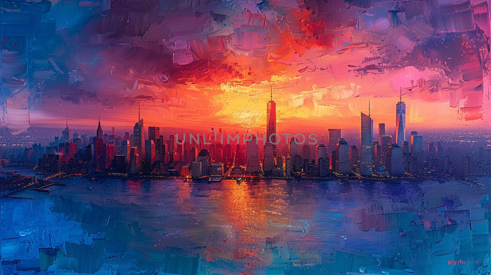 Cityscape from a high vantage point painted in a post-impressionist style, with vivid colors and bold brushwork.