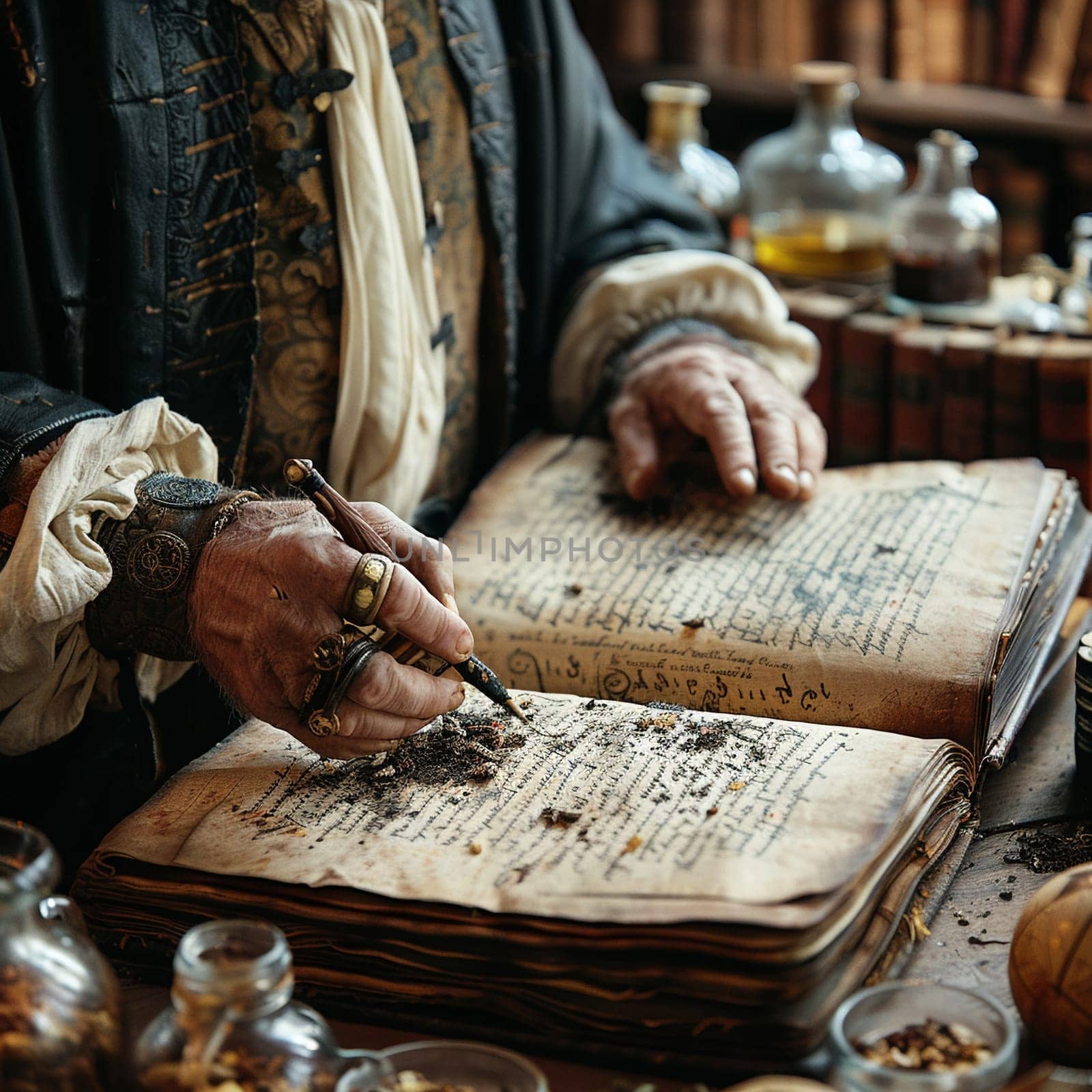 Sage writing in an enchanted grimoire, quill and ink weaving spells of old.