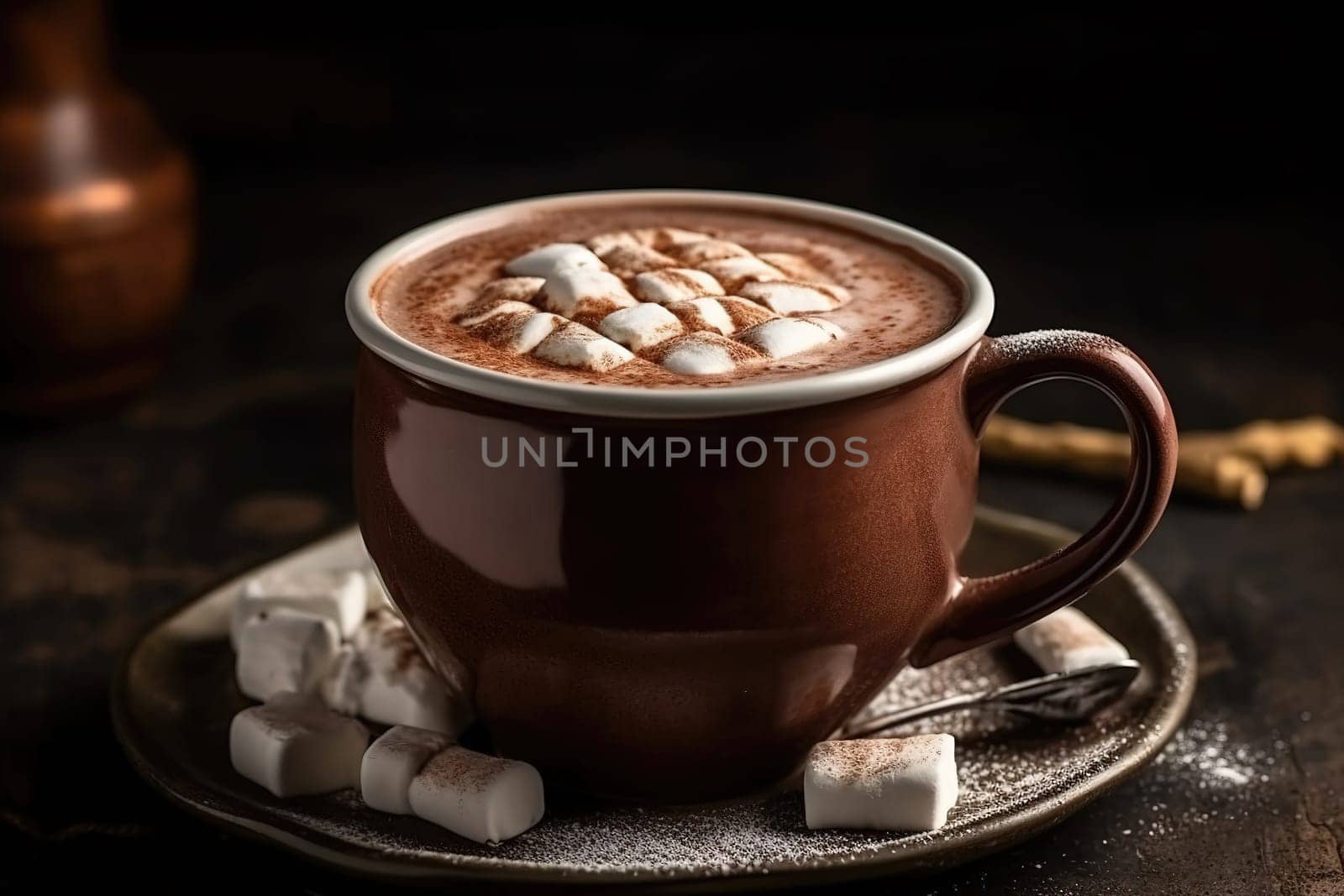 cocoa marshmallow hot drink dessert in a cup with Candies on it black table , generative AI