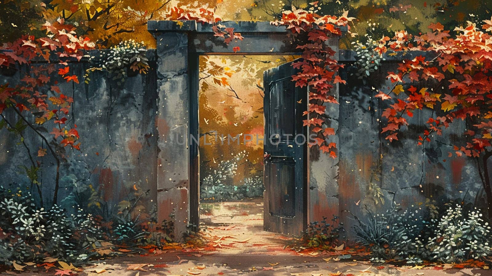 Secret garden gate partially open, inviting exploration, painted with a whimsical, storybook quality.