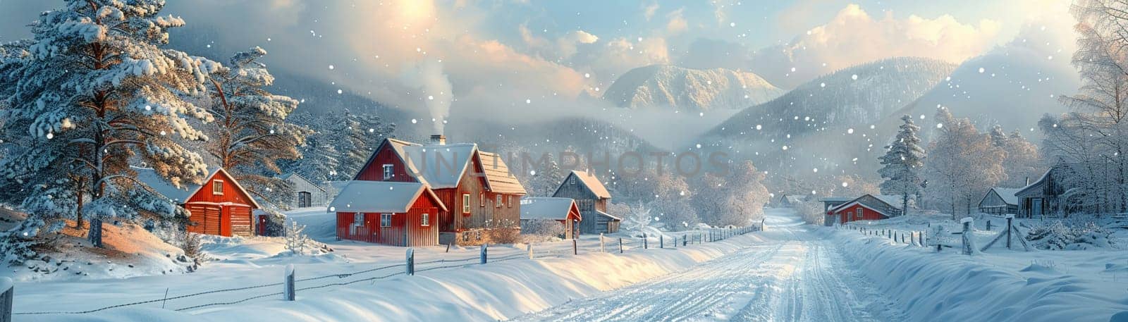 Peaceful snowfall in town created in a minimalist Scandinavian design style, emphasizing clean lines and simplicity.