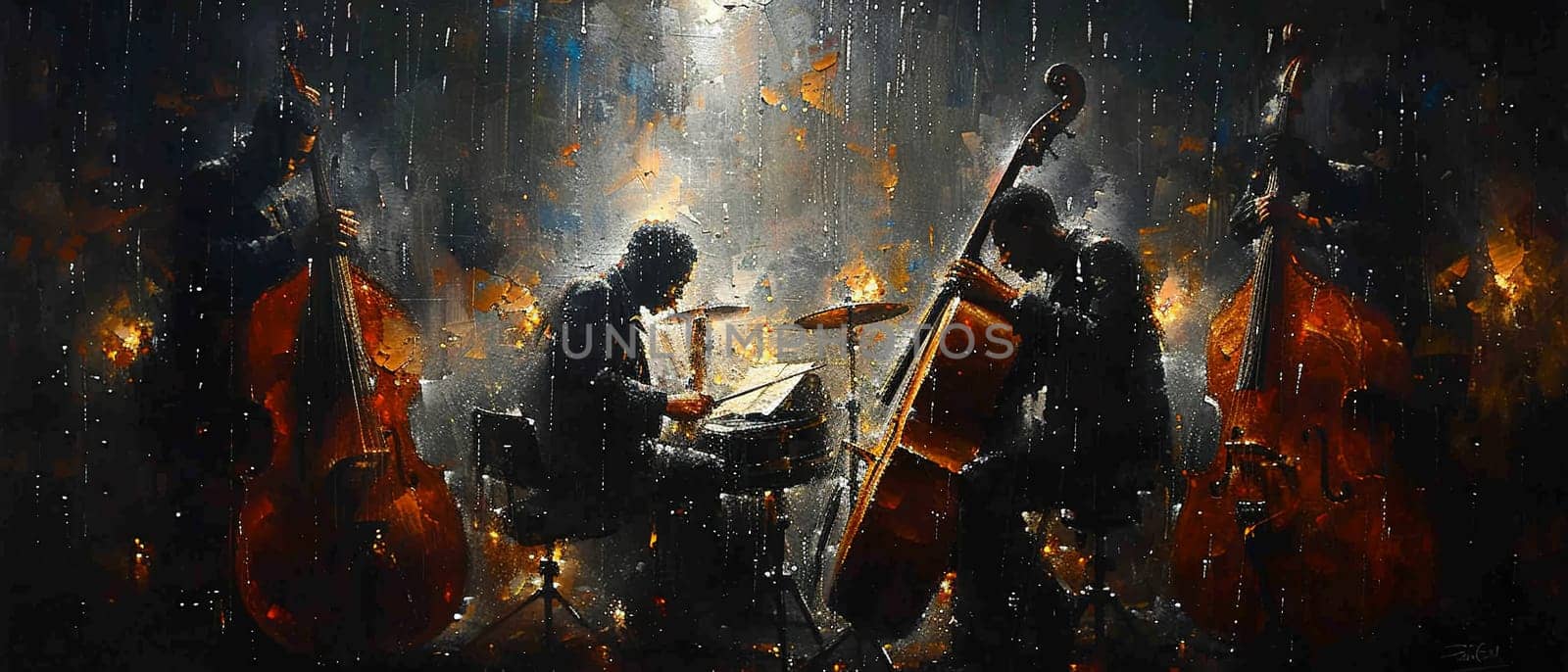 Underground jazz club scene, painted with the smoky ambiance and the soul of music.