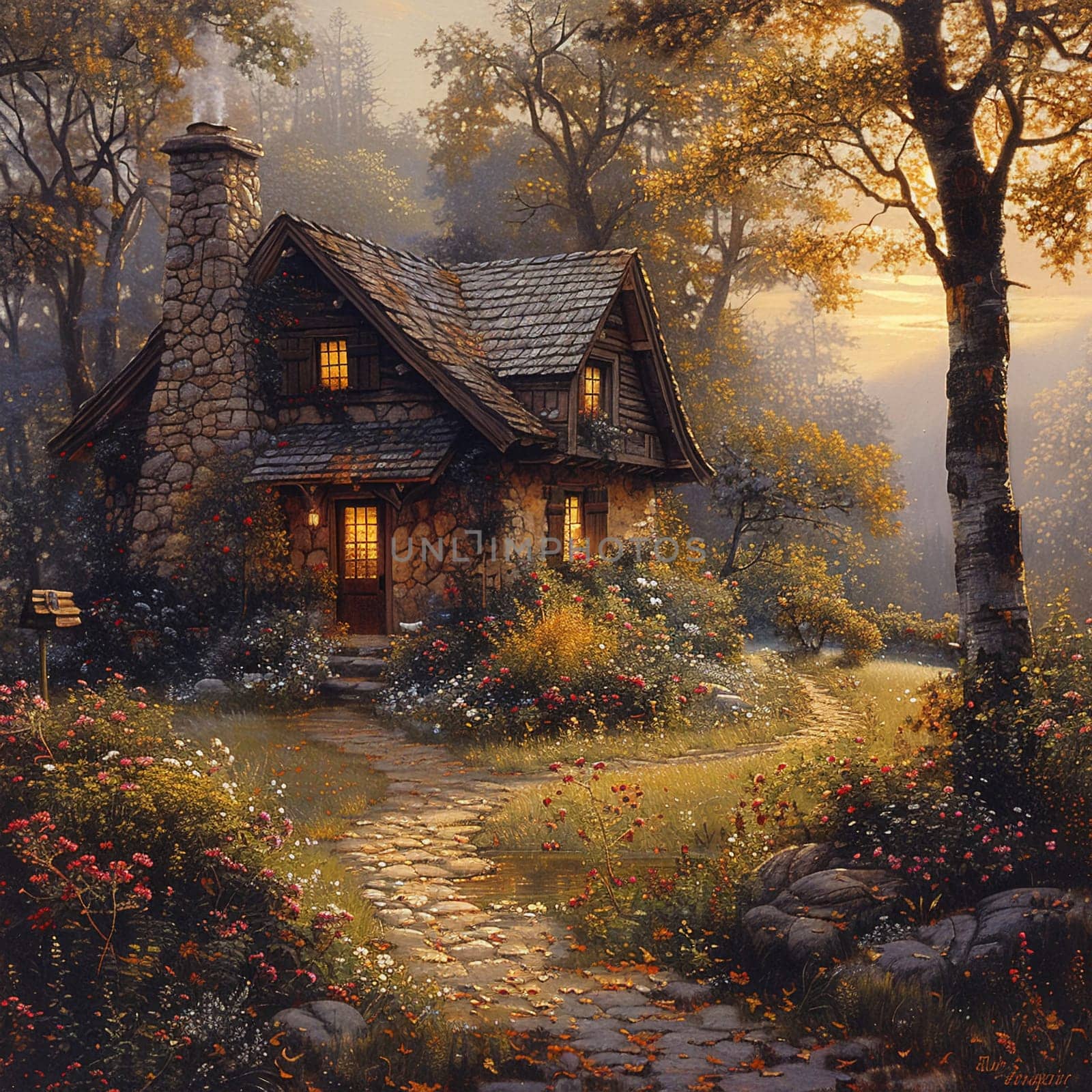 Rustic cabin in the woods depicted with a Thomas Kincade-like focus on light and idyllic settings.