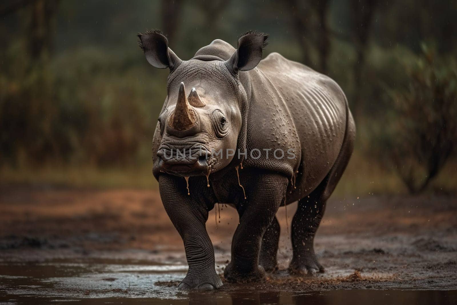 Large White Rhino Walks In Mud by GekaSkr