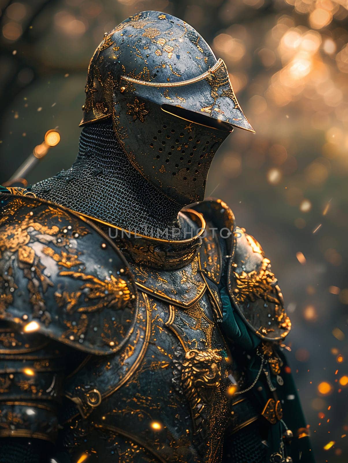 A knight's shining armor detailed in a 3D render, reflecting a tumultuous sky and a looming battle.