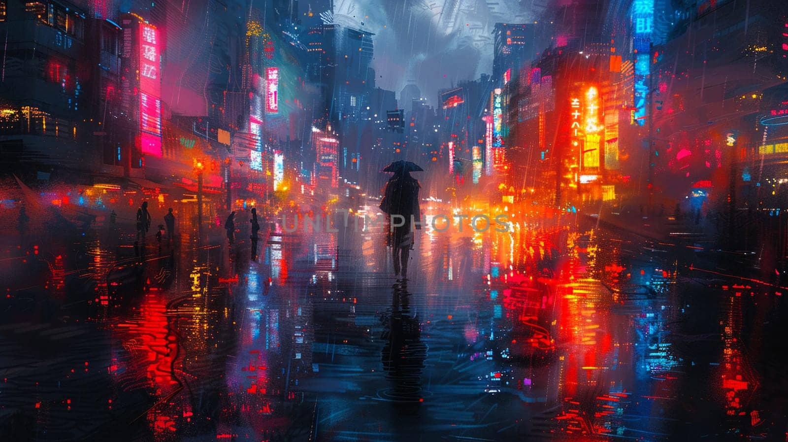 Vibrant digital painting of a figure navigating through neon-lit streets by Benzoix