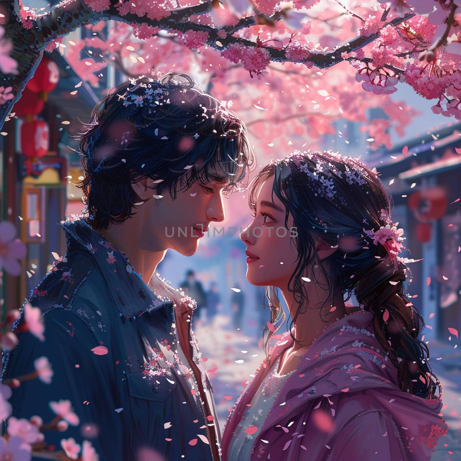 Intimate moment under cherry blossoms, illustrated in a soft, romanticized anime style.