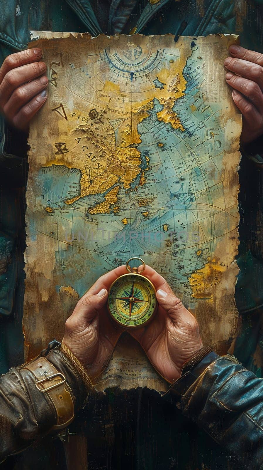 Hands holding a compass that points to adventure, rendered with a vintage explorer's map aesthetic.