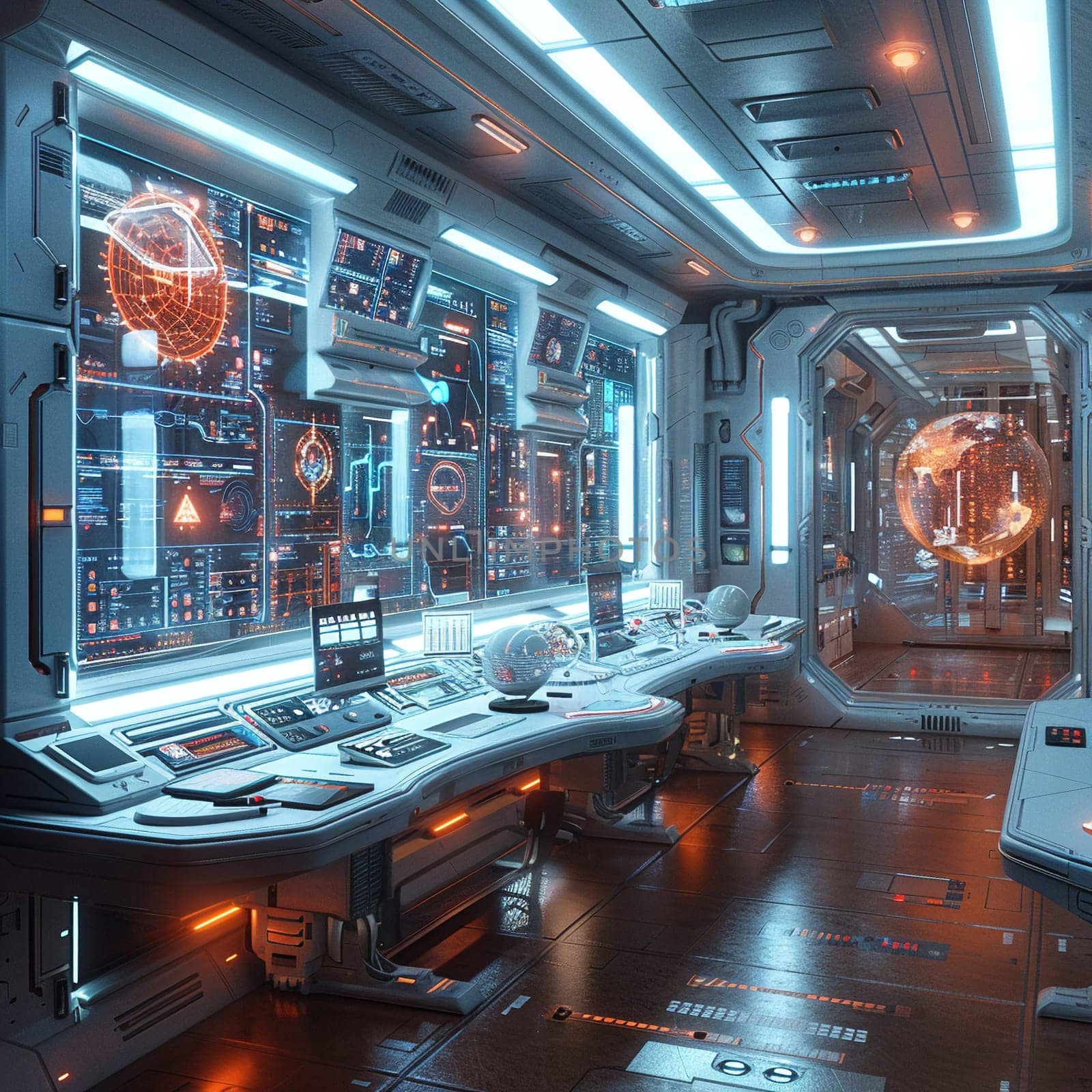 Futuristic lab with holographic interfaces, rendered in a sleek, high-tech digital art style.