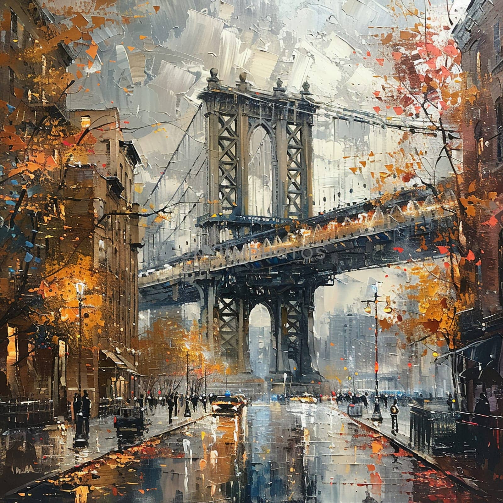 Bridge view in the city painted with a soft-focus background and detailed architectural foreground.