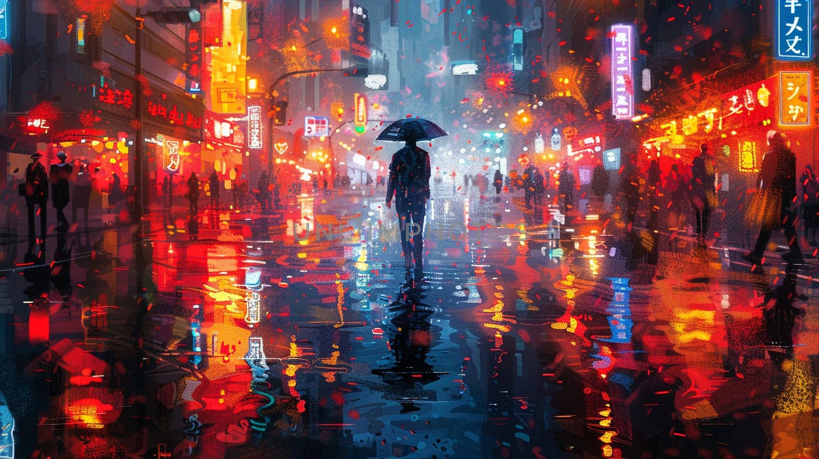 Vibrant digital painting of a figure navigating through neon-lit streets by Benzoix