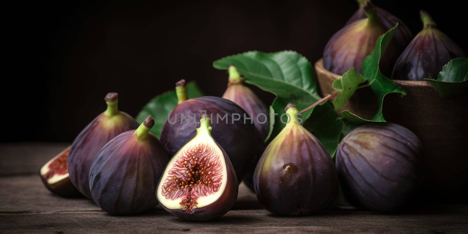 Sliced fig lie with whole fig fruits on the wooden table