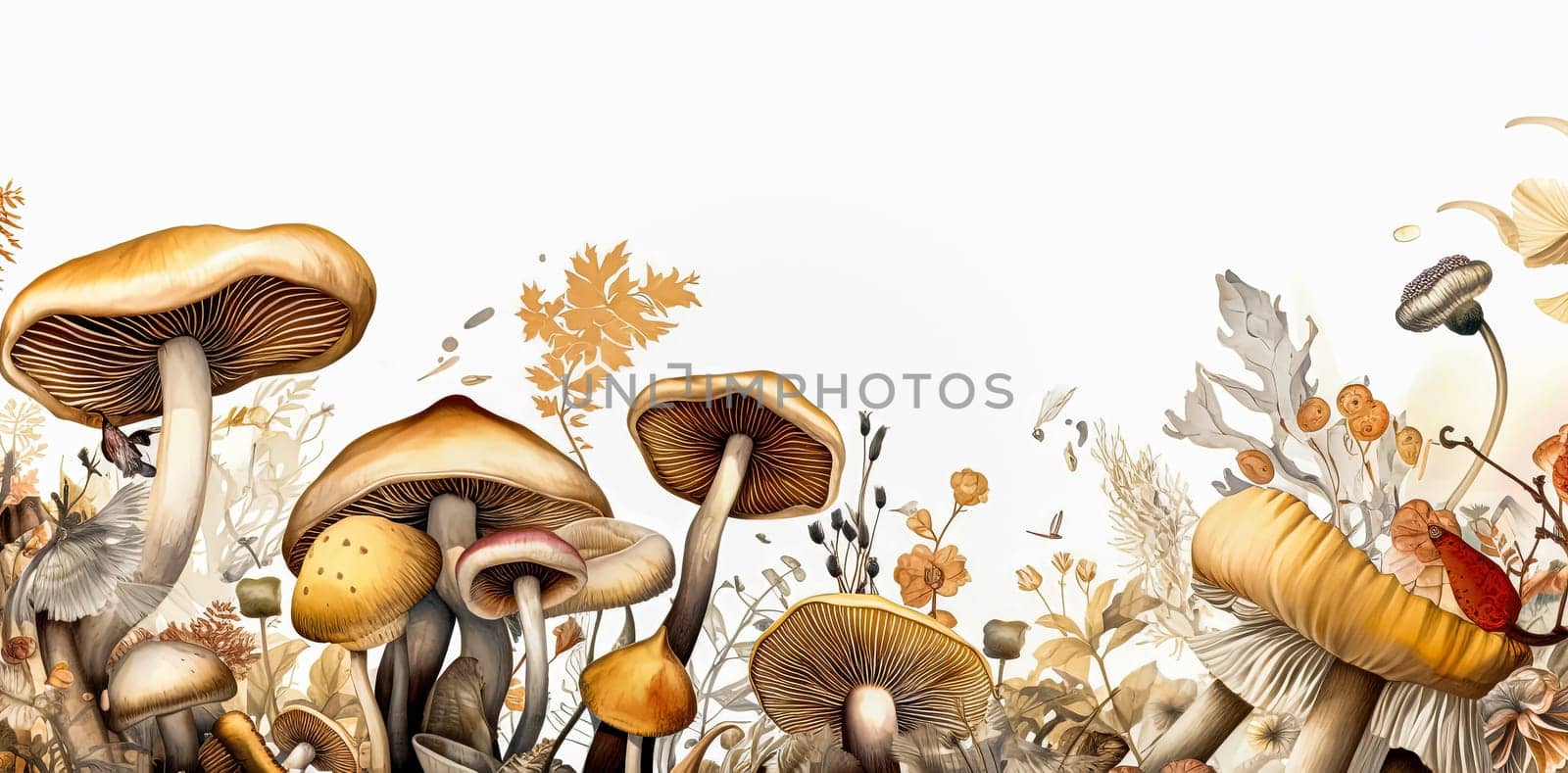 A row of mushrooms are shown in a field of grass. by Alla_Morozova93