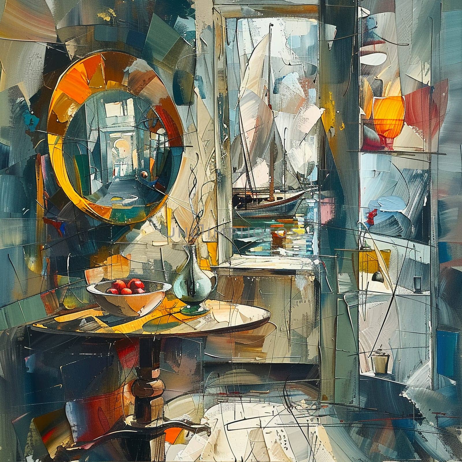Artist's studio chaos painted in a dynamic, cubist style, with bold colors and abstract shapes.