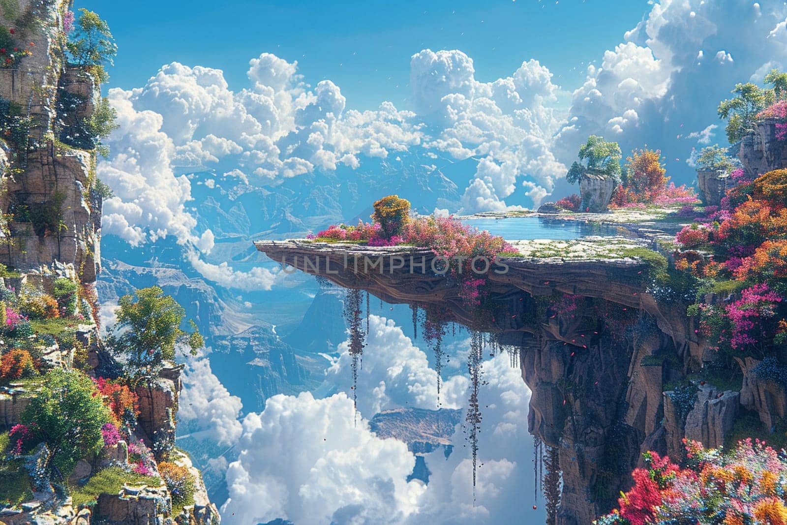 Alien landscape with floating rocks and vibrant flora, rendered in a surrealistic and imaginative style.