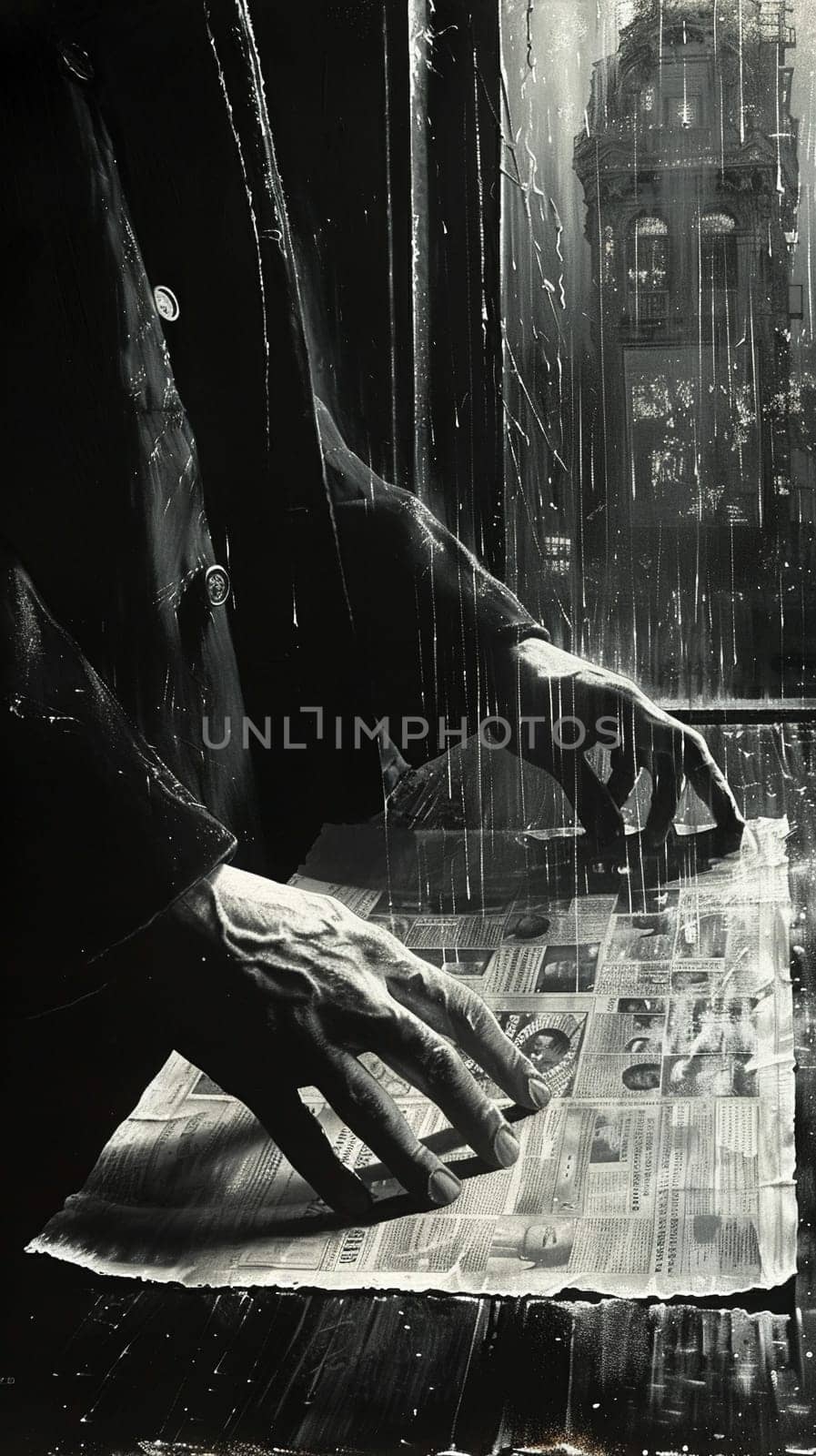 Detective's hands searching through clues, illustrated in a noir-inspired style with dramatic shadows.