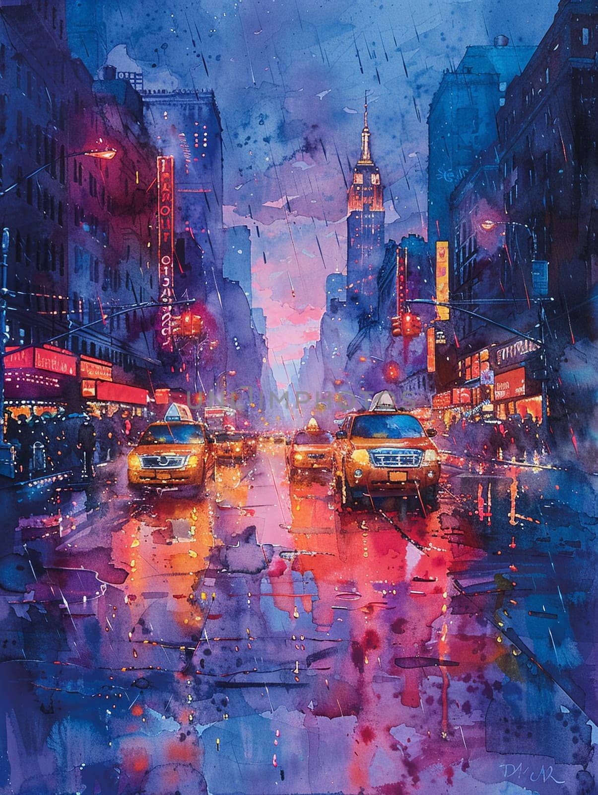 Bustling avenue in rain painted with vibrant, flowing watercolors, emphasizing movement and life.
