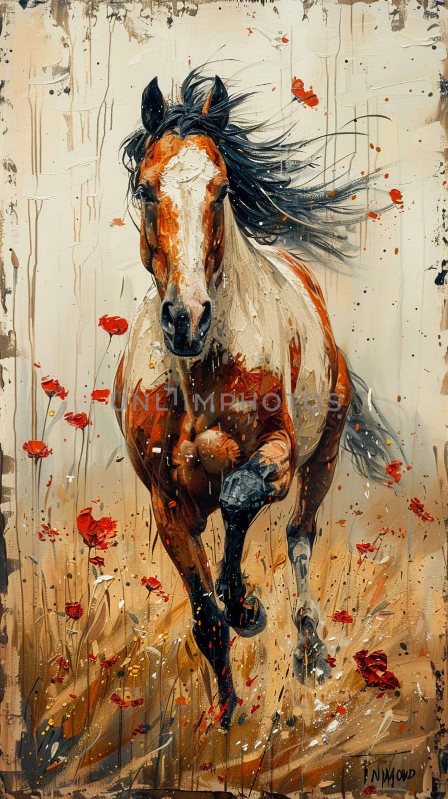 Wild horse running through a meadow, captured with expressionist brushstrokes and freedom of movement.