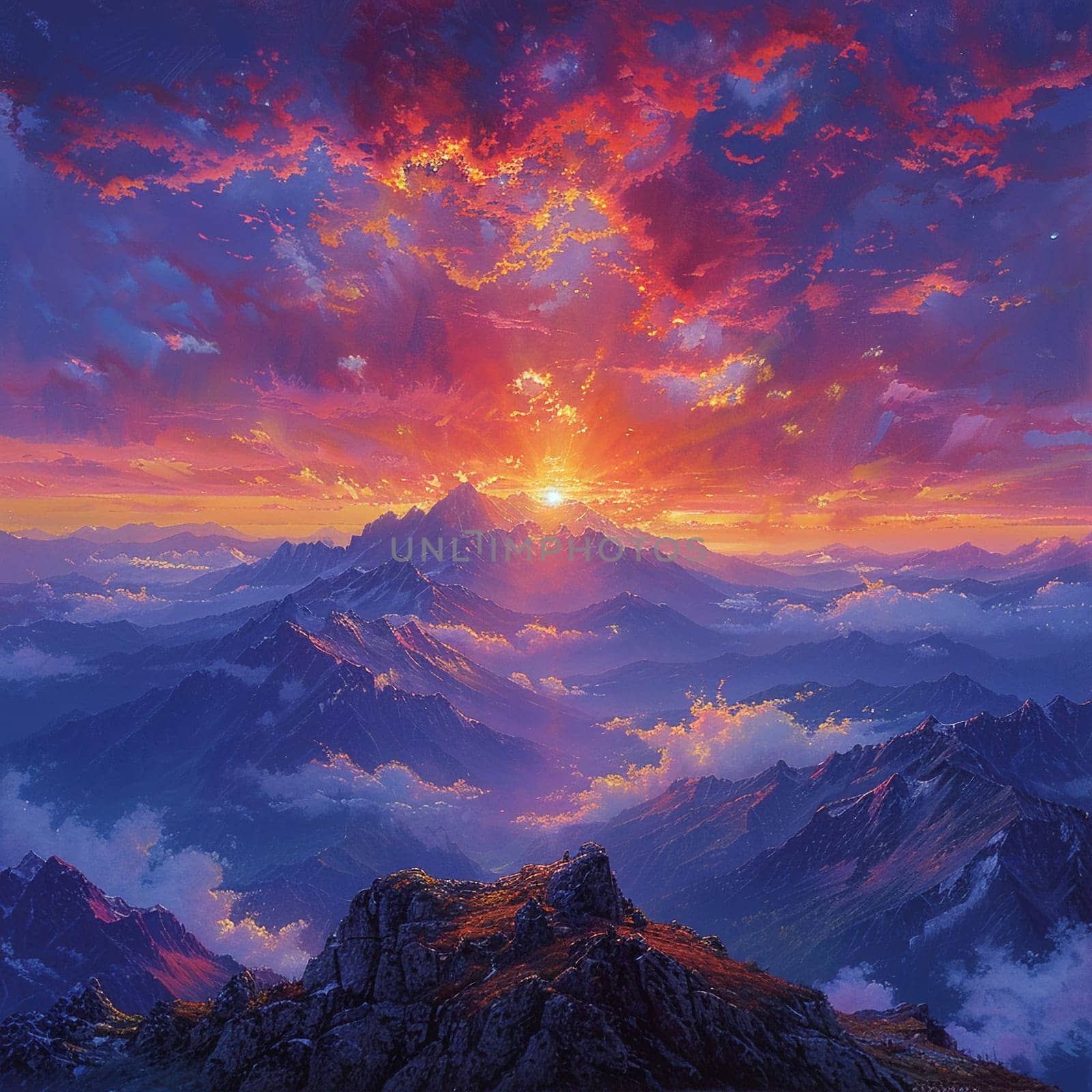 Mountain peak sunset painted with an emphasis on dramatic lighting and expansive views in a romantic style.