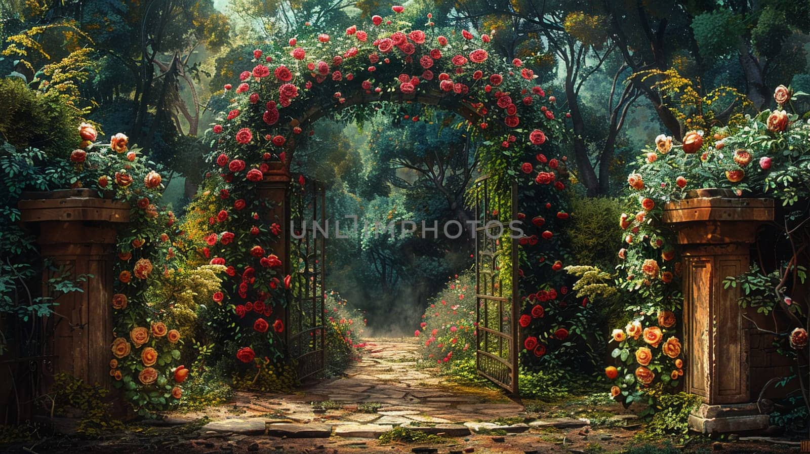 Secret garden gate partially open inviting exploration by Benzoix