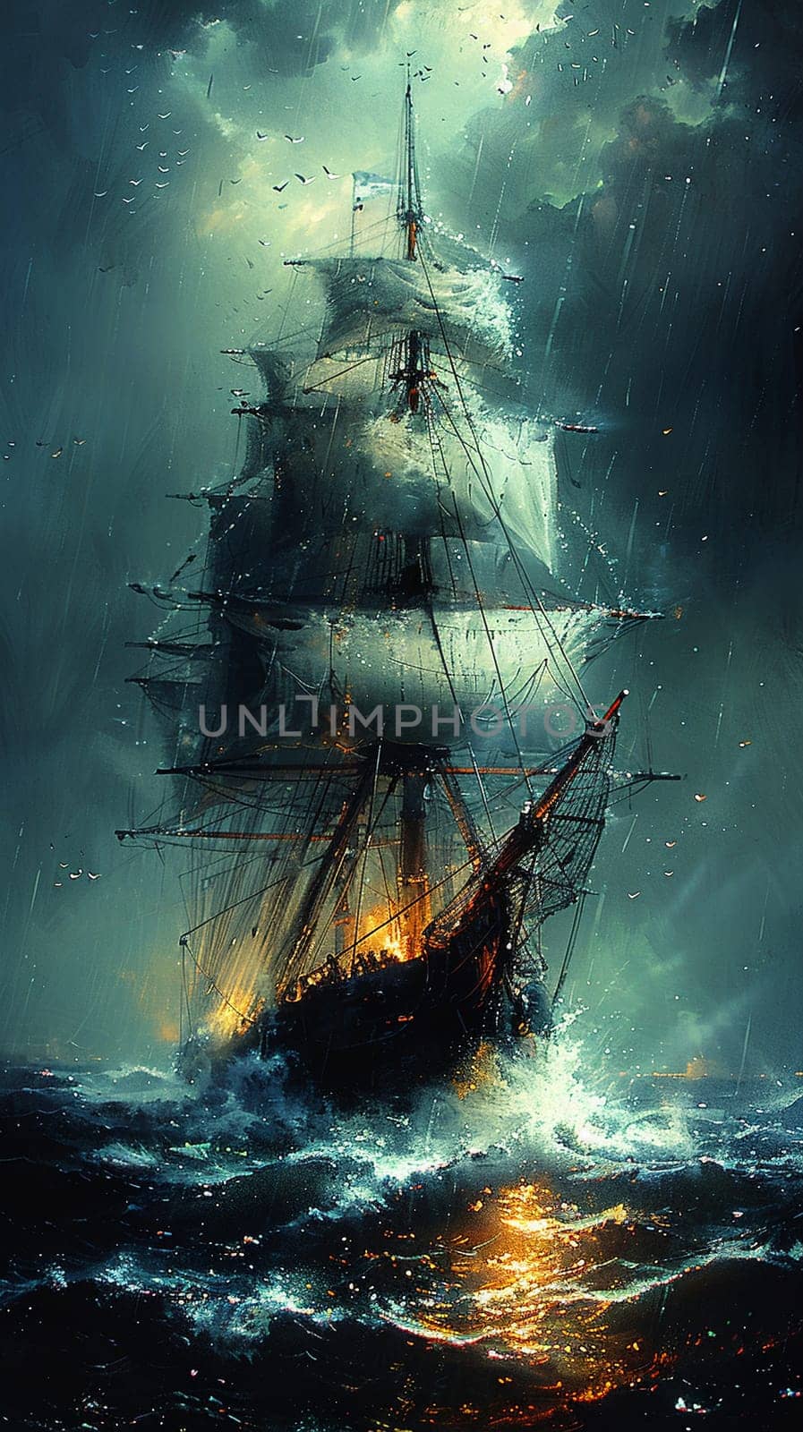 Stormy sea voyage illustrated with dynamic brushstrokes and a moody, atmospheric palette.