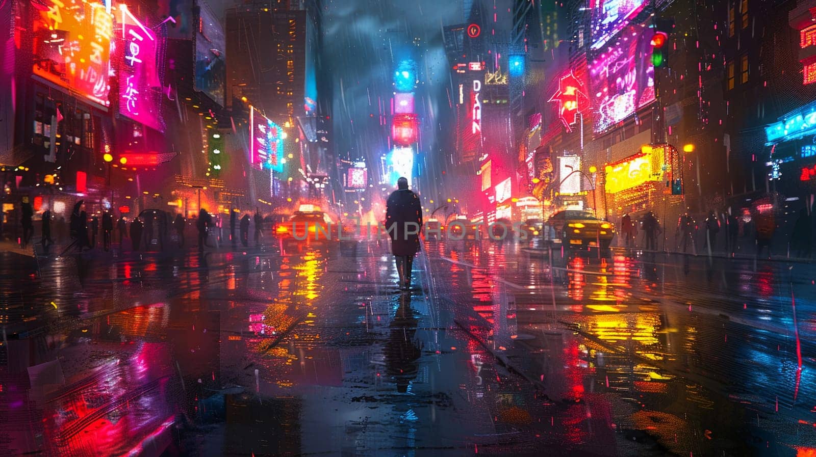 Vibrant digital painting of a figure navigating through neon-lit streets by Benzoix