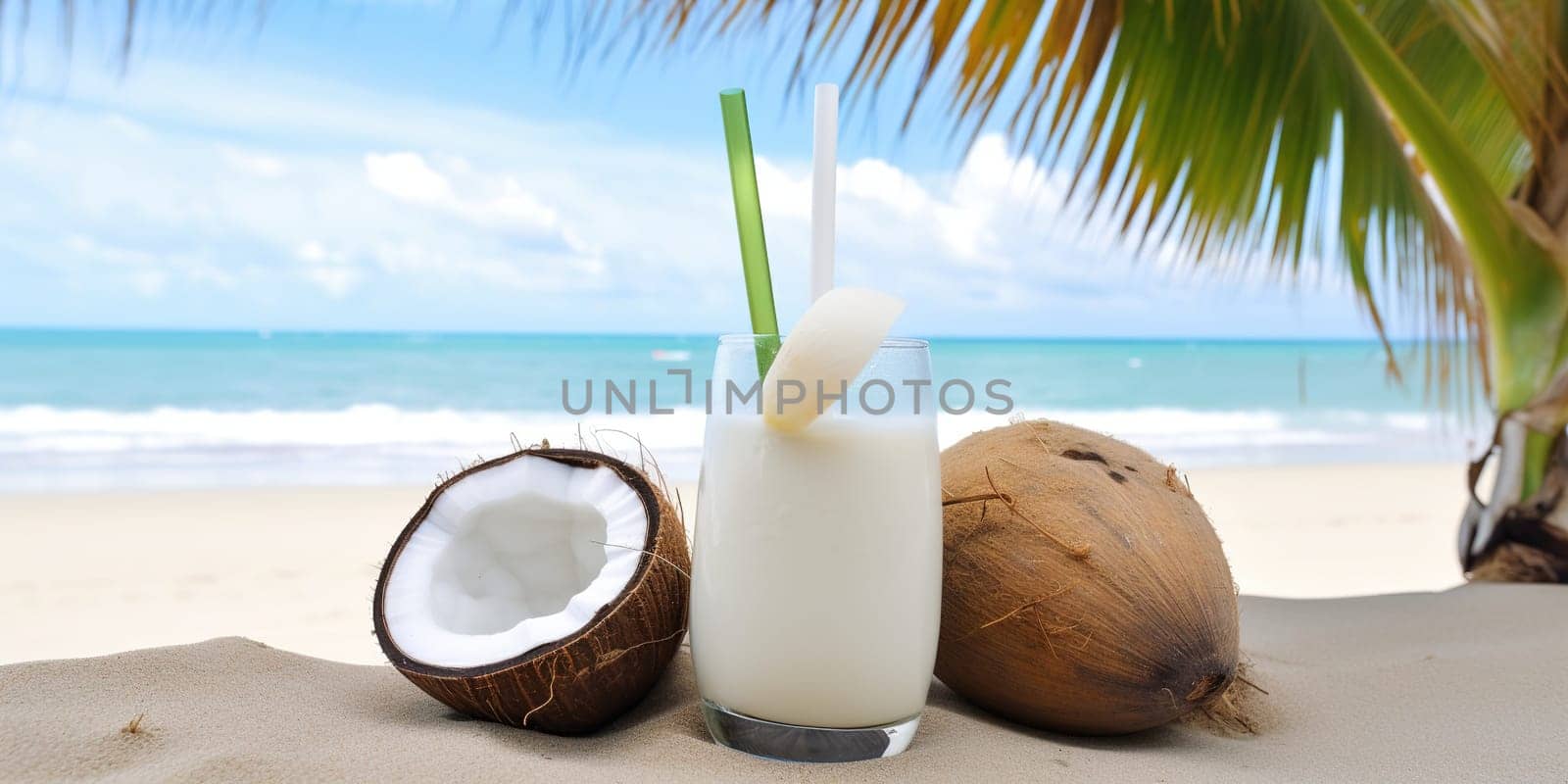 Coconut coctail lying on the beach by GekaSkr
