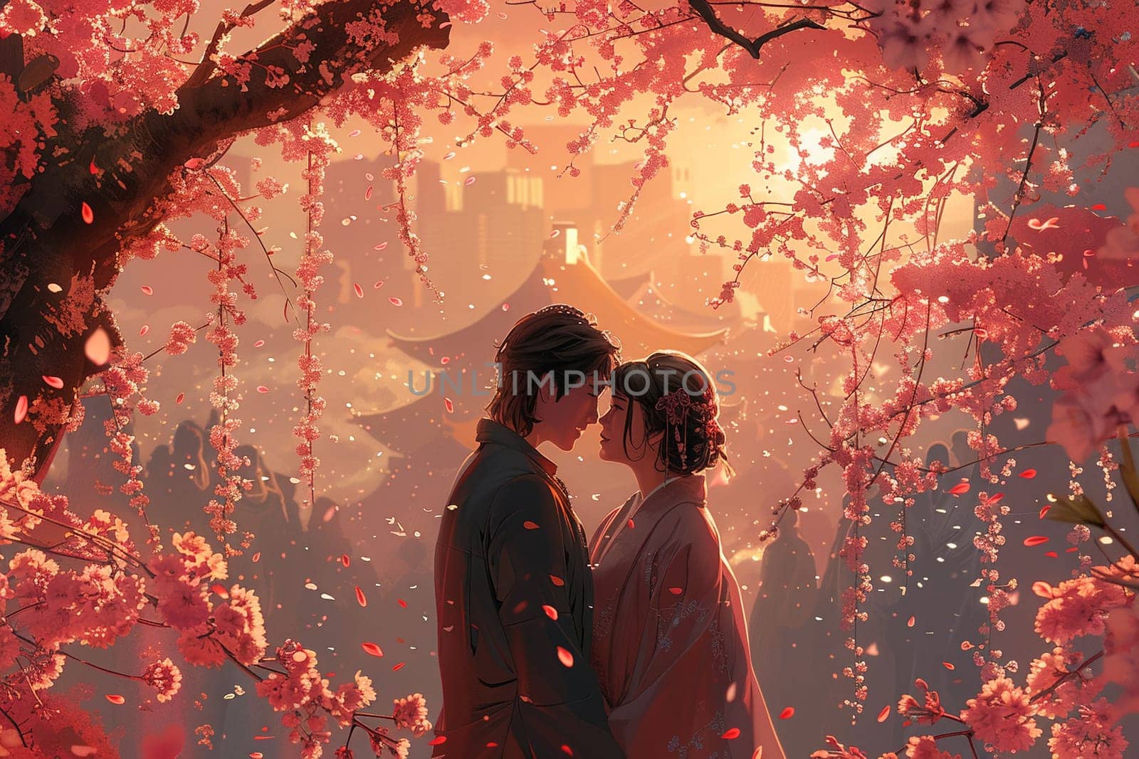 Intimate moment under cherry blossoms illustrated in a soft by Benzoix